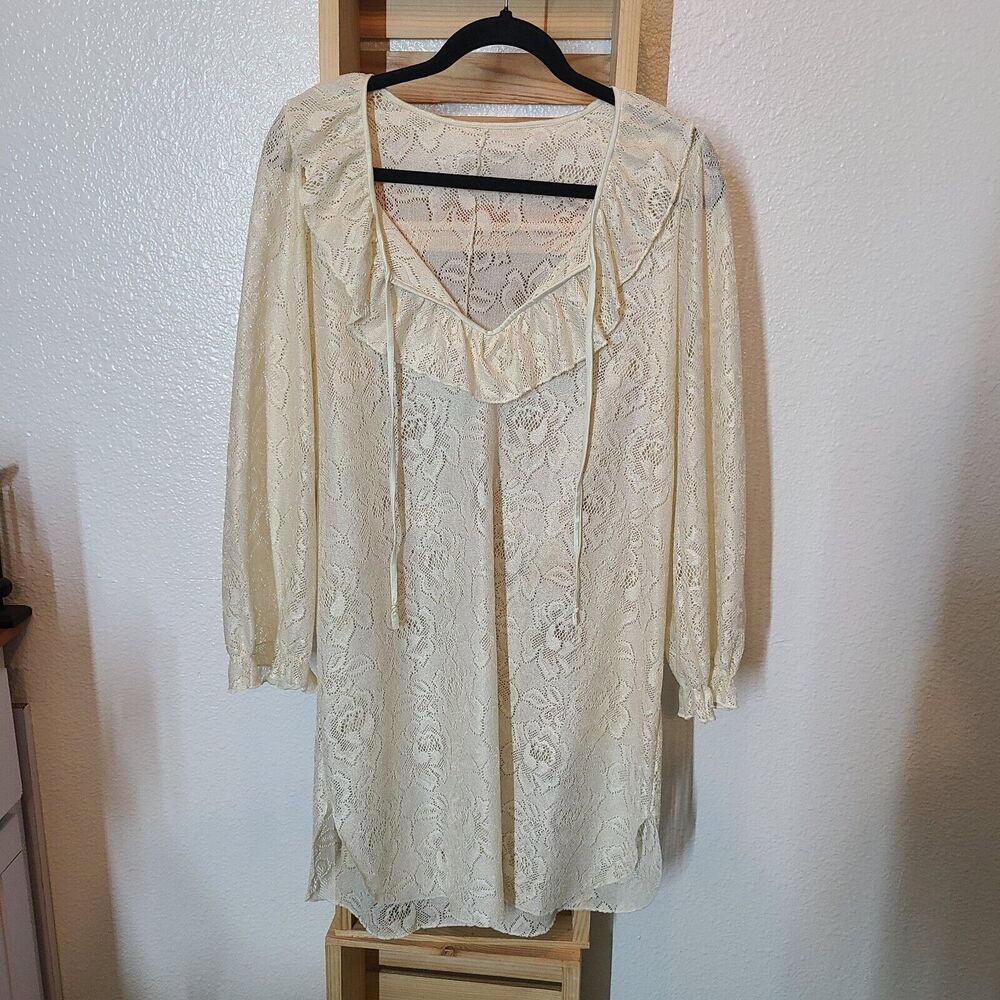 Vintage Hanson Kickernick Nightgown  Size S Ivory Lace Long Sleeve Lingerie